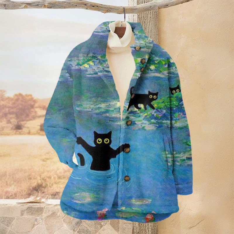 Black Cat In Lotus Pond Oil Painting Print Plush Jacket - Multicolor - 3XL - image 1