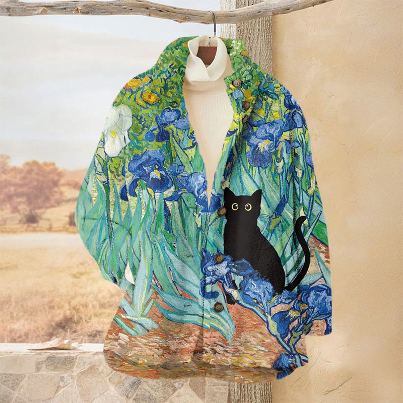 Black Cat In Iris Painting Print Plush Jacket - Multicolor - 3XL - image 1