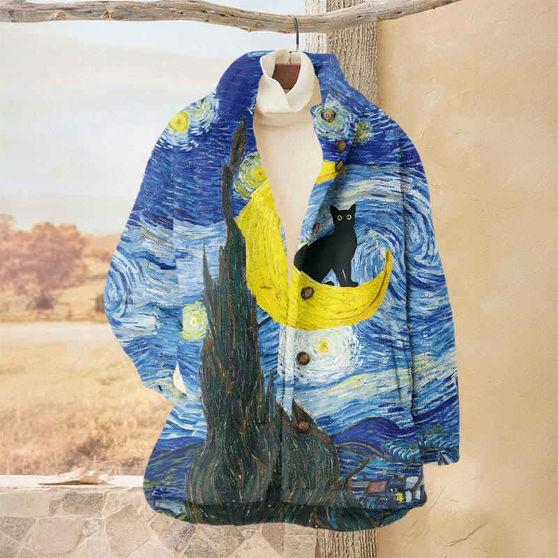 Black Cat In Starry Sky Oil Painting Print Plush Jacket - Multicolor - 3XL - image 1