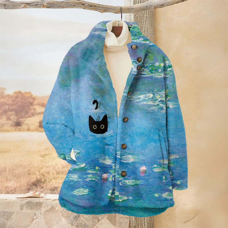 Oil Painting Of A Black Cat In A Lotus Pond Print Plush Jacket - Multicolor - 3XL - image 1