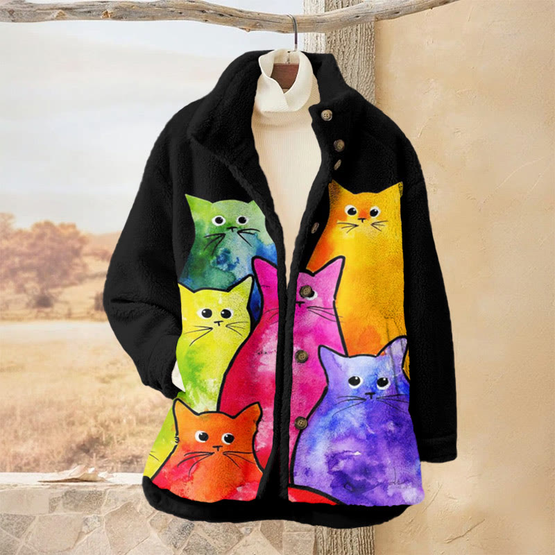Colorful Watercolor Cats Print Plush Jacket - Multicolor - 3XL - image 1