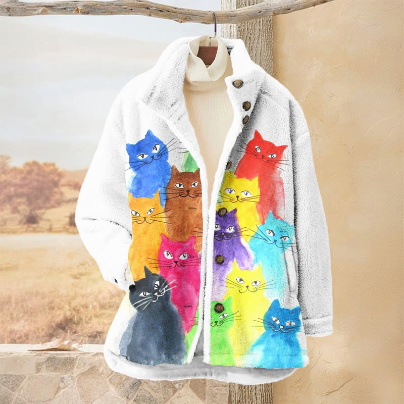 Colorful Watercolor Cats Stacked Together Print Plush Jacket - Multicolor - 3XL - image 1