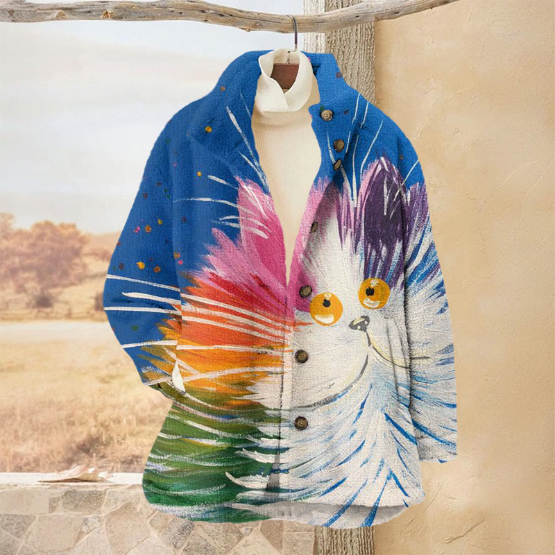 Oil Painting Colorful Cat Print Plush Jacket - Multicolor - 3XL - image 1