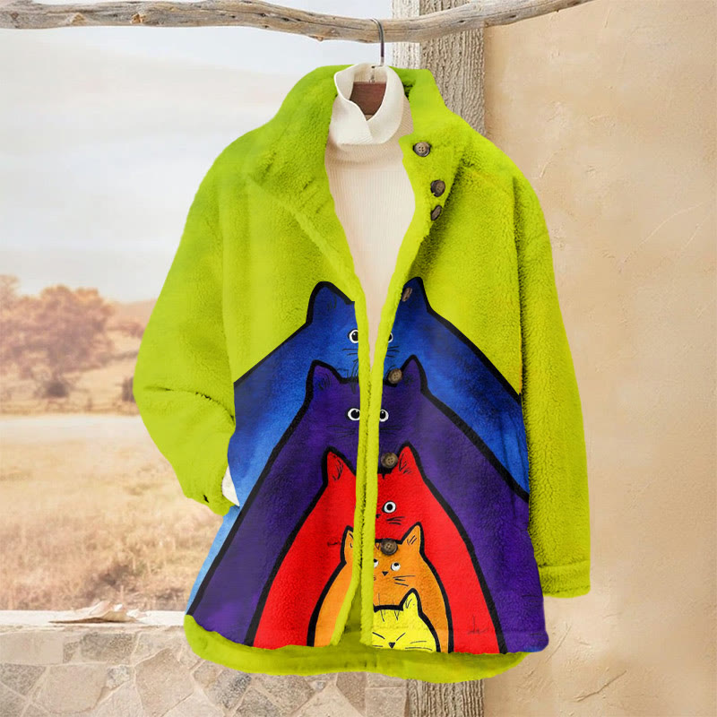 Stacked Colorful Cats Print Plush Jacket - Green - 3XL - image 1