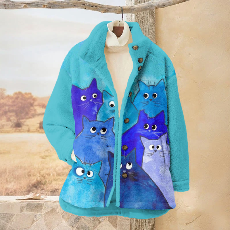Watercolor Cats Stacked Print Plush Jacket - Blue - 3XL - image 1