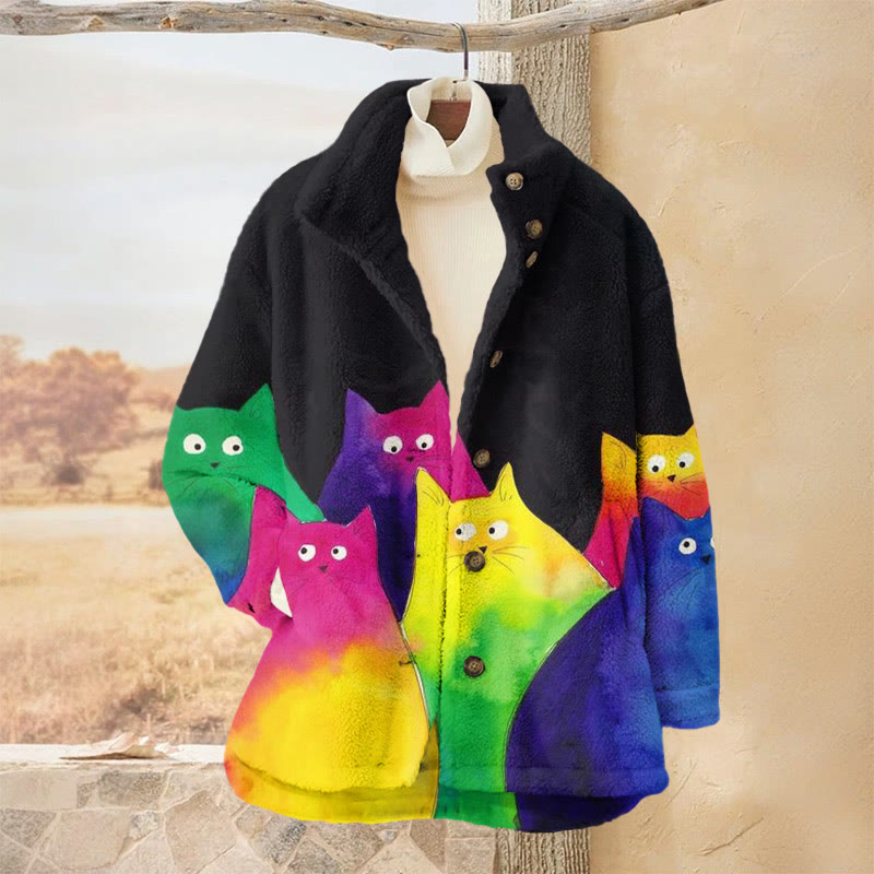Stacked Contrasting Watercolor Cats Print Plush Jacket - Multicolor - 3XL - image 1