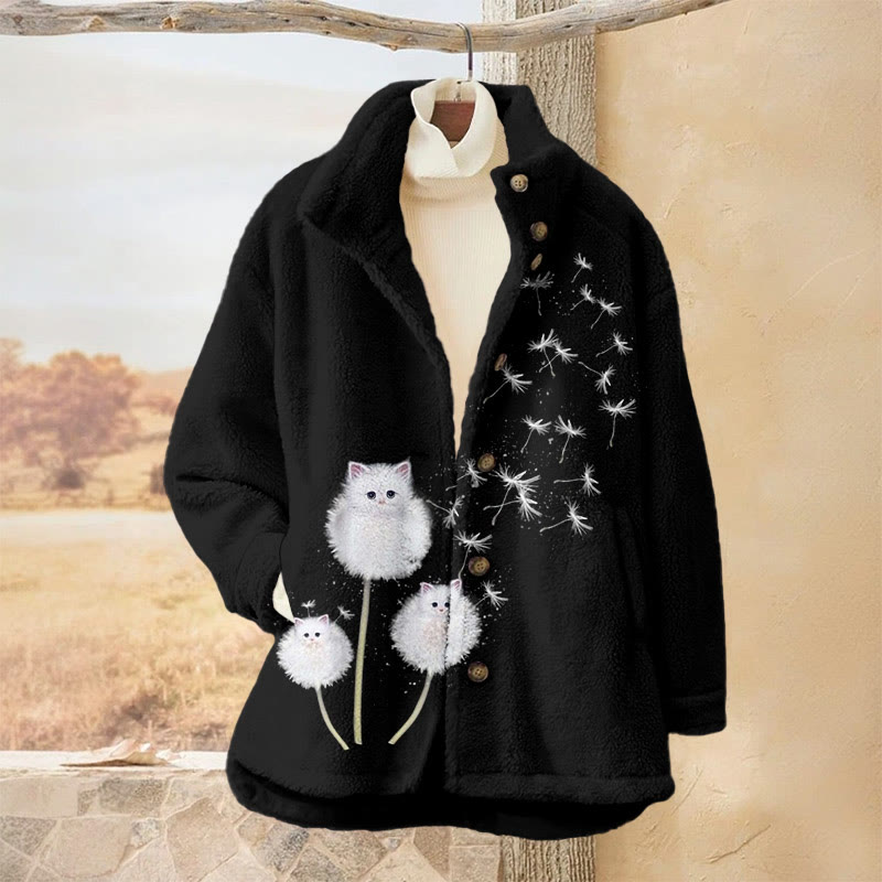 Dandelion Cat Print Plush Jacket - Black - 3XL - image 1