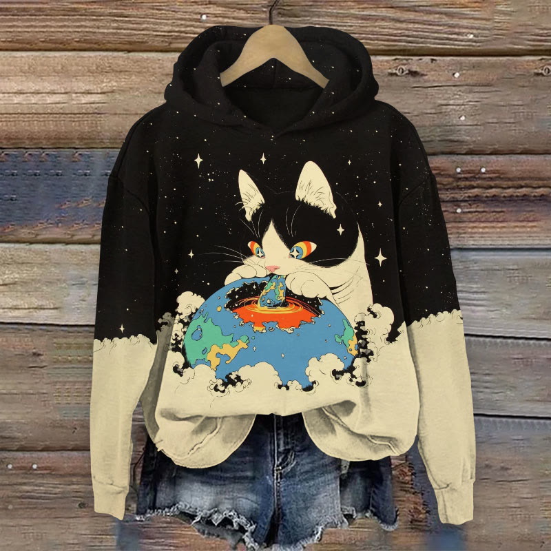 Fantasy Space Cat Print Long Sleeve Hoodie - Black - 8XL - image 1