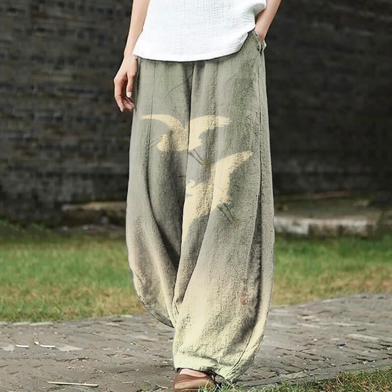 Women's Vintage White Crane Art Print Casual Pants - Green - 5XL - image 1