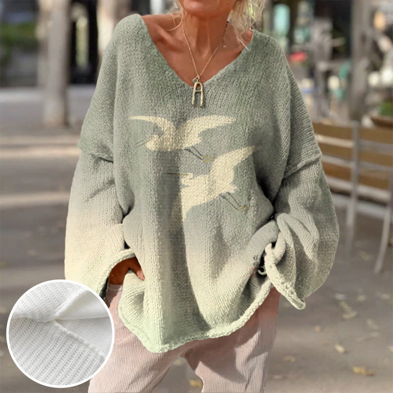 Women's Vintage White Crane Art Print Causal V-neck Pullover Sweater - Warm Grey - 4XL - image 1