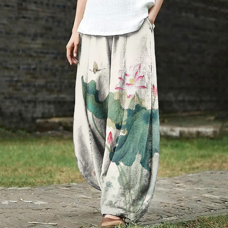 Women's Japanese Oil Painting Lotus Butterfly Print Casual Pants - White - 5XL - image 1