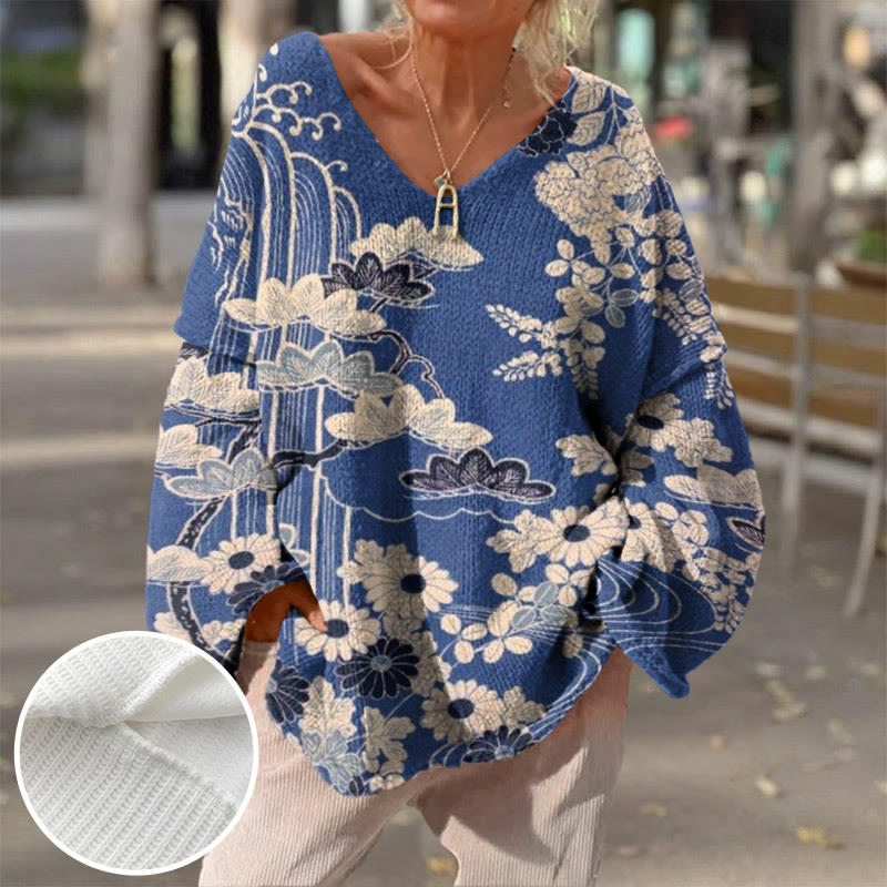 Women's Retro Sketching Floral Art Print Causal V-neck Pullover Sweater - Blue - 4XL - image 1