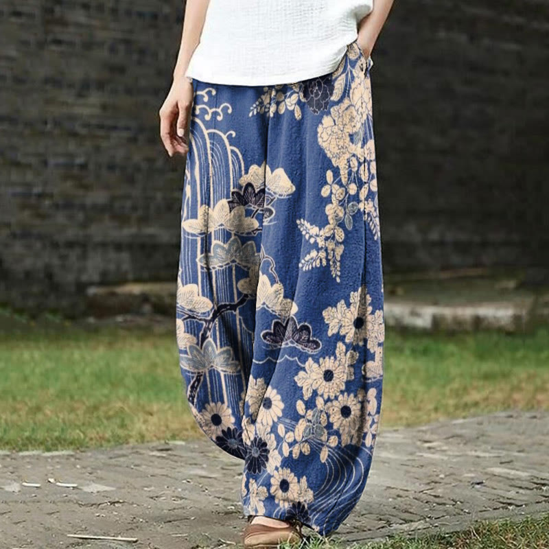 Women's Retro Sketching Floral Art Print Casual Pants - Blue - 5XL - image 1