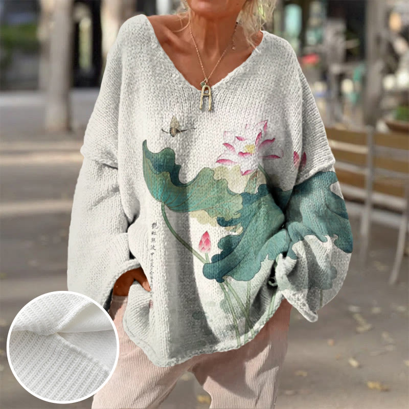 Women's Japanese Oil Painting Lotus Butterfly Print Causal V-neck Pullover Sweater - White - 4XL - image 1