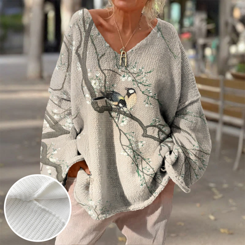Women's Lovely Lark On Pear Tree Art Print Causal V-neck Pullover Sweater - Khaki - 4XL - image 1