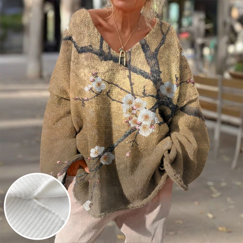 Women's Vintage Sakura Blossom Art Print Causal V-neck Pullover Sweater - Coffee - 4XL - image 1