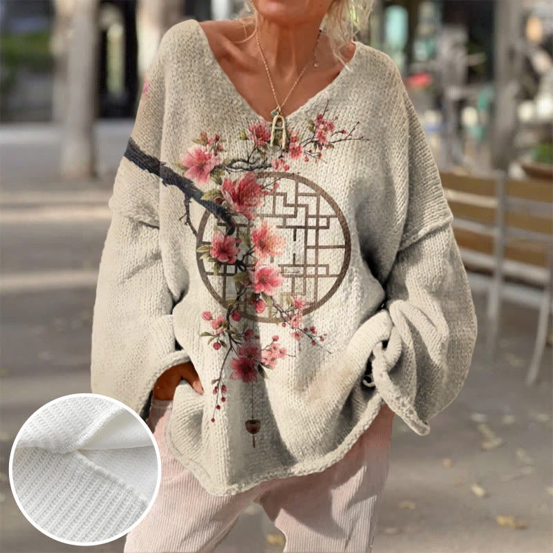 Women's Retro Plum Blossom Art Print Causal V-neck Pullover Sweater - Apricot - 4XL - image 1