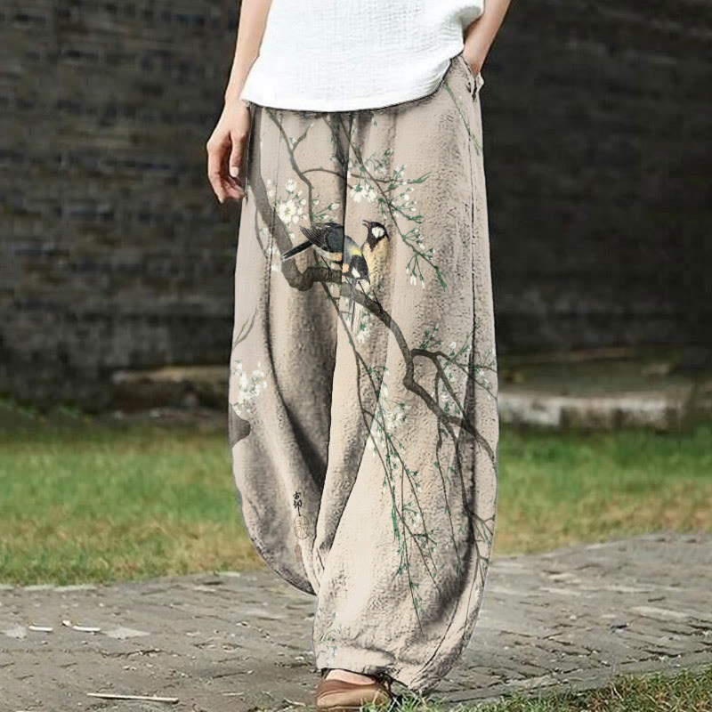 Women's Lovely Lark On Pear Tree Art Print Casual Pants - Apricot - 5XL - image 1