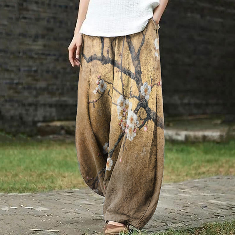 Women's Vintage Sakura Blossom Art Print Casual Pants - Golden - 5XL - image 1