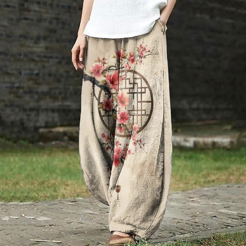 Women's Retro Plum Blossom Art Print Casual Pants - Apricot - 5XL - image 1