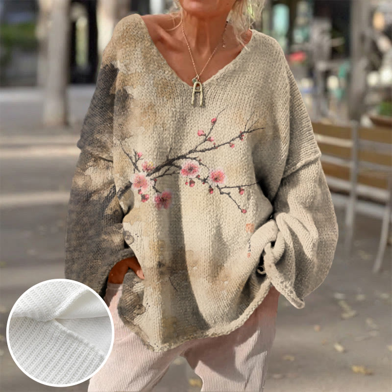 Women's Japanese Retro Pinky Sakura Art Print causal V-neck Pullover Sweater - Khaki - 4XL - image 1