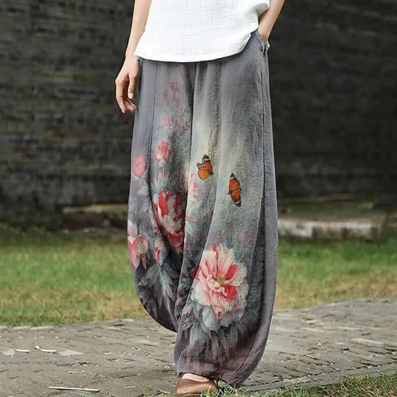 Women's Vivid Rose Blossom And Butterfly Art Print Casual Pants - Grey - 5XL - image 1