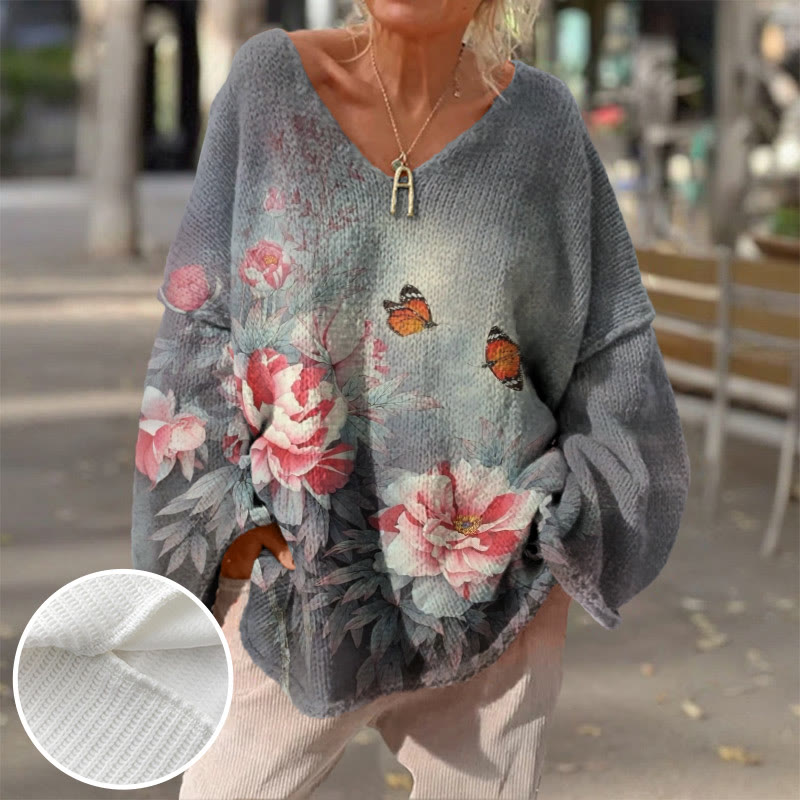 Women's Vivid Rose Blossom And Butterfly Art Print Causal V-neck Pullover Sweater - Grey - 4XL - image 1