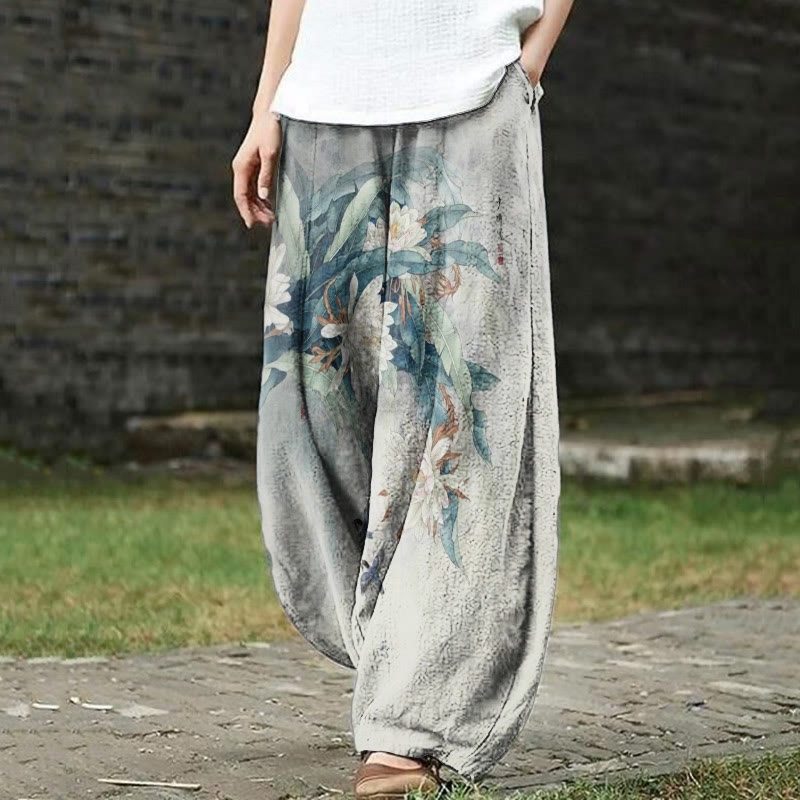 Women's Japanese White Chrysanthemum Art Print Casual Pants - Grey - 5XL - image 1