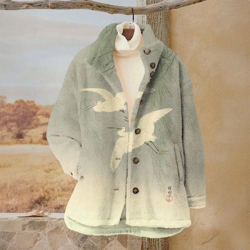 Women's Vintage White Crane Art Print Plush Jacket - Green - 3XL - image 1