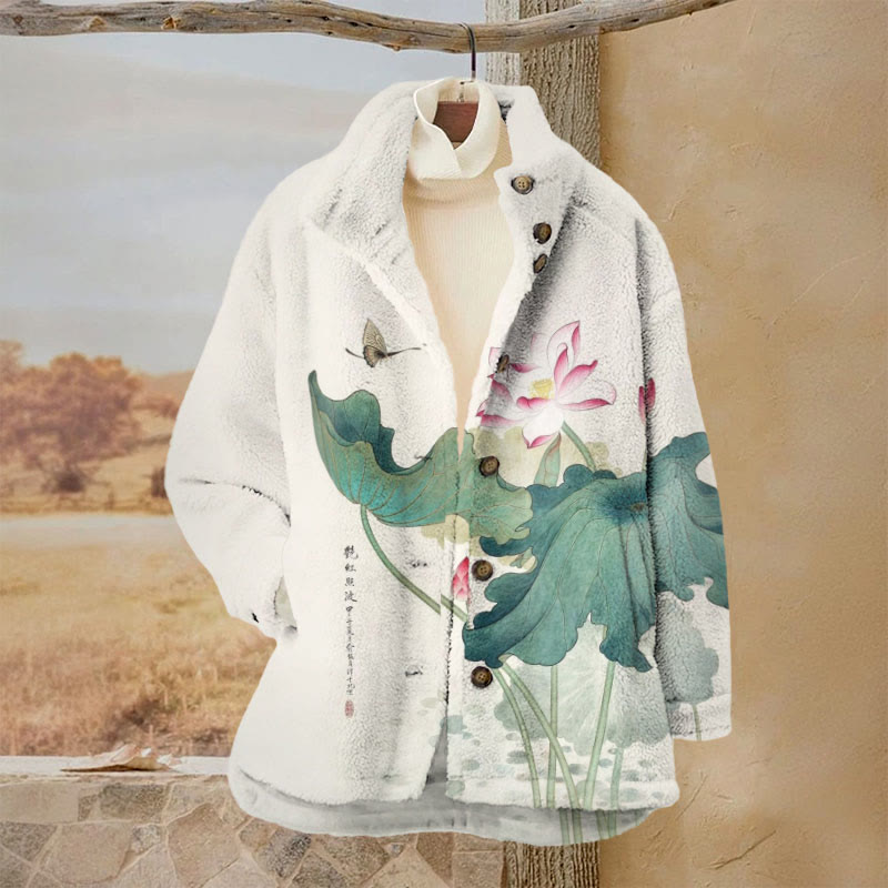 Women's Japanese Oil Painting Lotus Butterfly Print Plush Jacket - White - 3XL - image 1