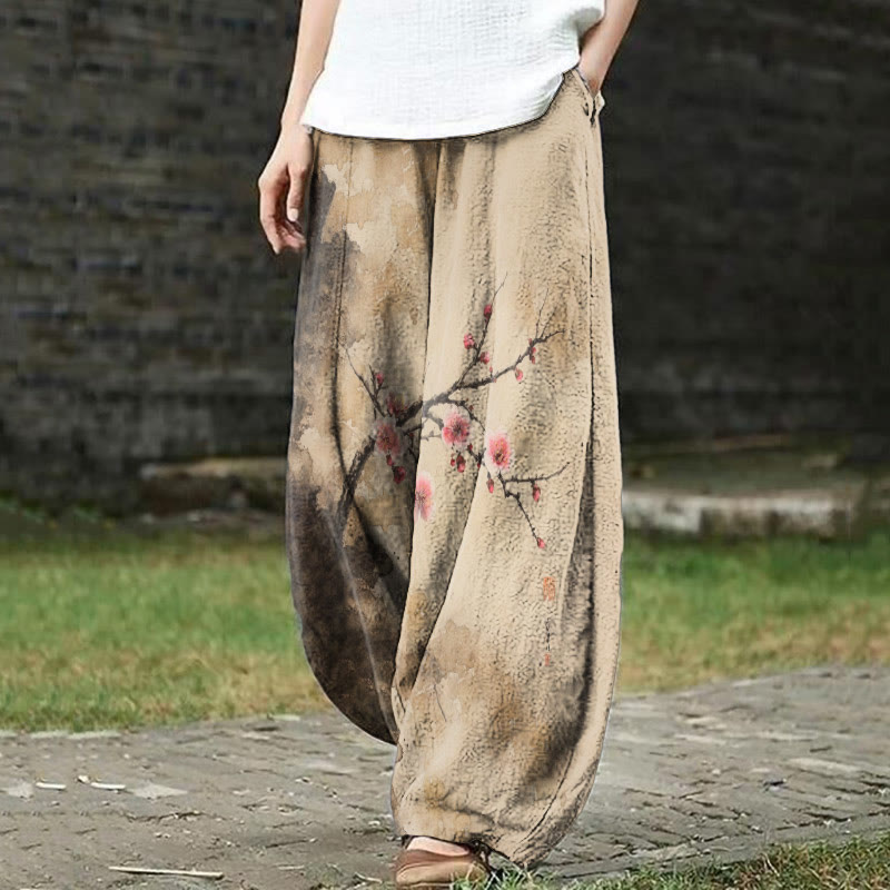 Women's Japanese Retro Pinky Sakura Art Print Casual Pants - Apricot - 5XL - image 1