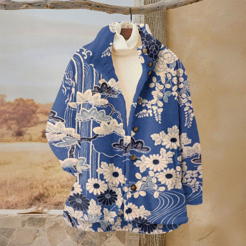 Women's Retro Sketching Floral Art Print Plush Jacket - Blue - 3XL - image 1