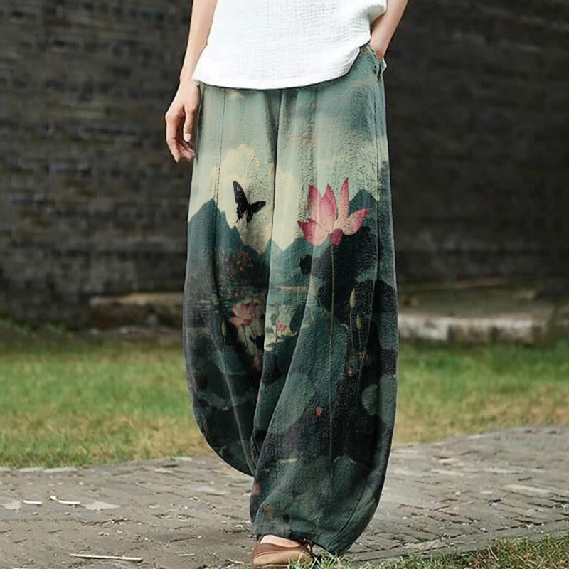 Women's Lovely Butterfly With Lotus Pond Print Casual Pants - Green - 5XL - image 1