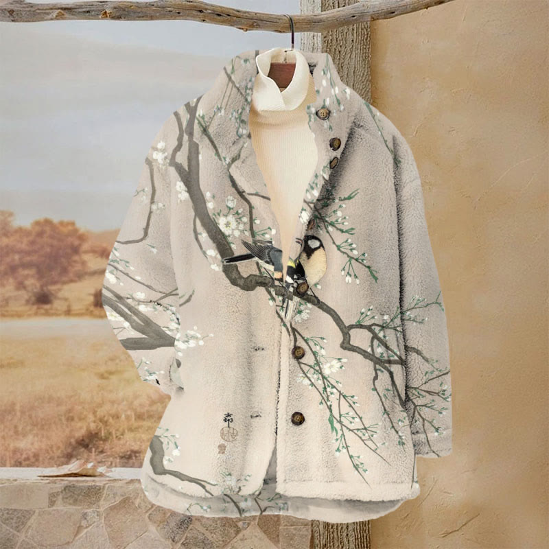 Women's Lovely Lark On Pear Tree Art Print Plush Jacket - Apricot - 3XL - image 1