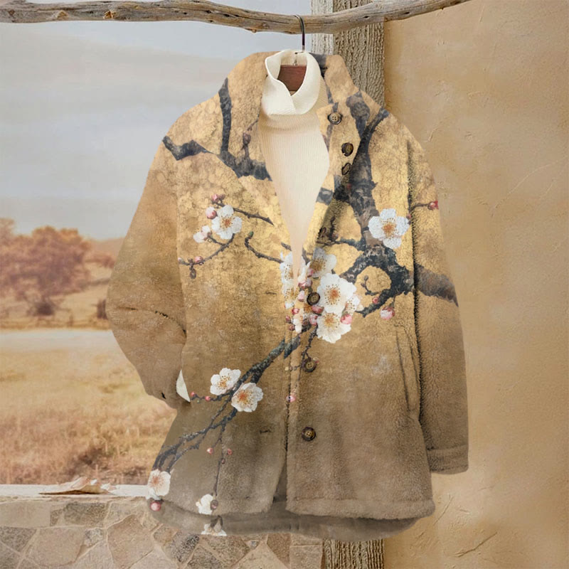 Women's Vintage Sakura Blossom Art Print Plush Jacket - Coffee - 3XL - image 1