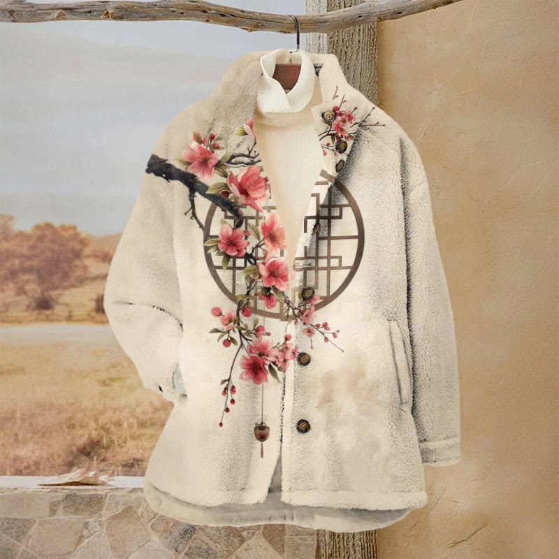 Women's Retro Plum Blossom Art Print Plush Jacket - Apricot - 3XL - image 1