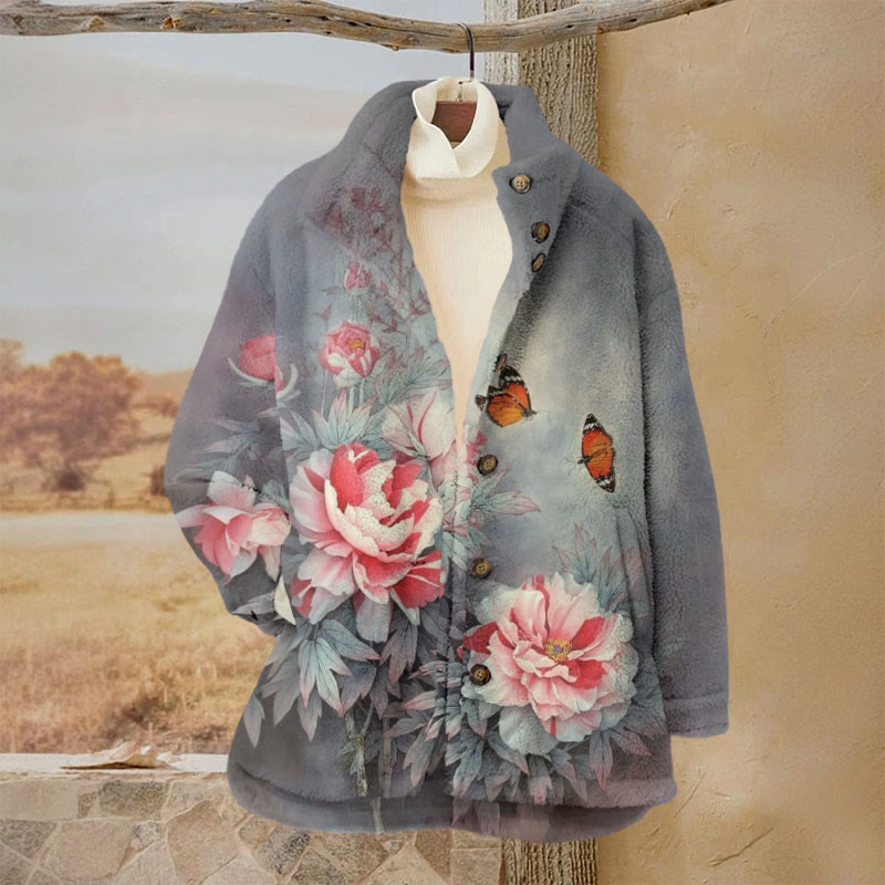 Women's Vivid Rose Blossom And Butterfly Art Print Plush Jacket - Grey - 3XL - image 1