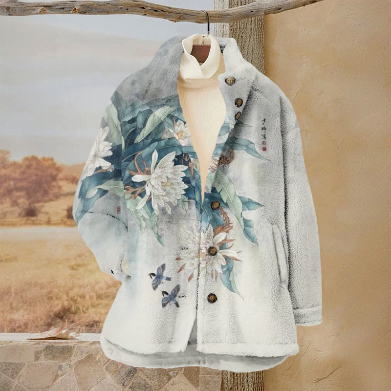 Women's Japanese White Chrysanthemum Art Print Plush Jacket - Light Gray - 3XL - image 1