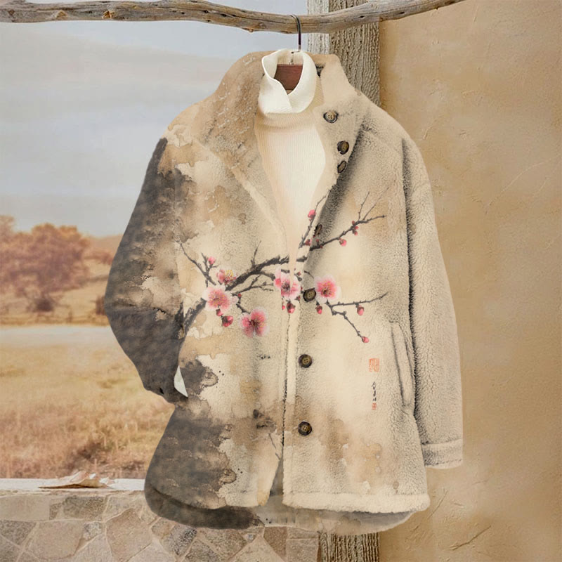 Women's Japanese Retro Pinky Sakura Art Print Plush Jacket - Khaki - 3XL - image 1