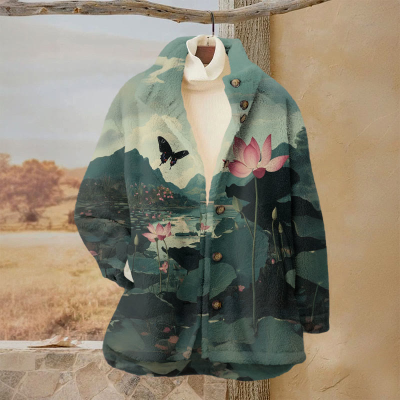Women's Lovely Butterfly With Lotus Pond Print Plush Jacket - Dark Green - 3XL - image 1