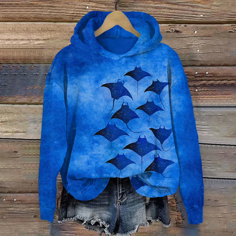 Vintage Manta Ray Art Print Long Sleeve Hoodie - Dark Blue - 8XL - image 2