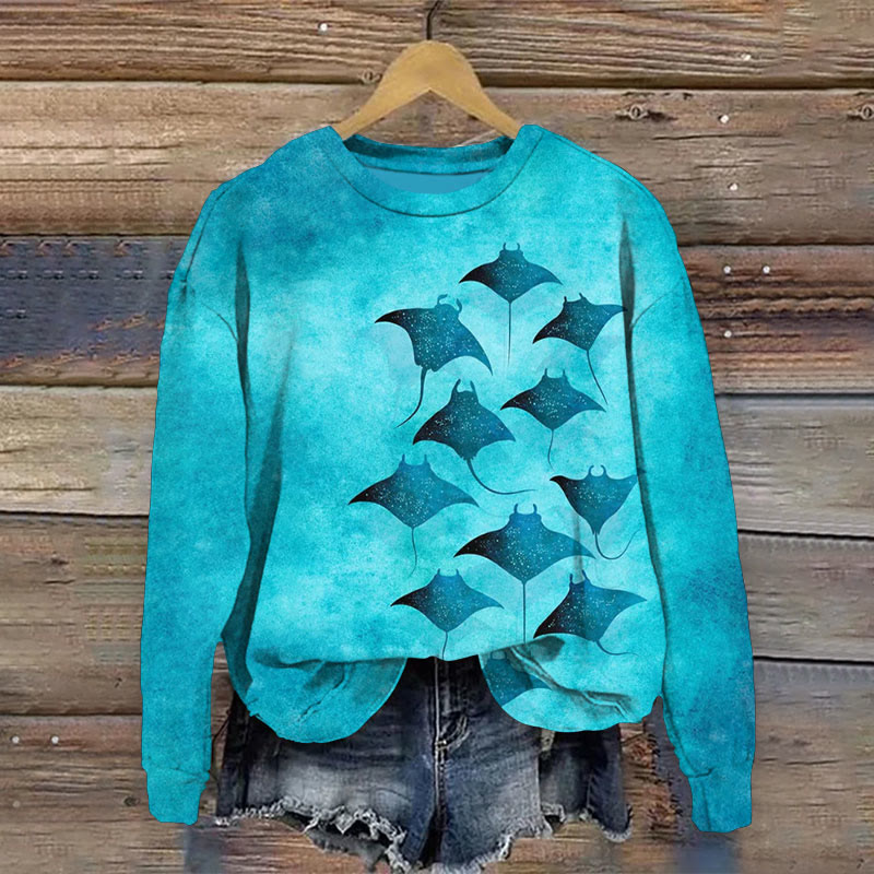 Vintage Manta Ray Art Print Causal Sweatshirt - Blue - 5XL - image 1
