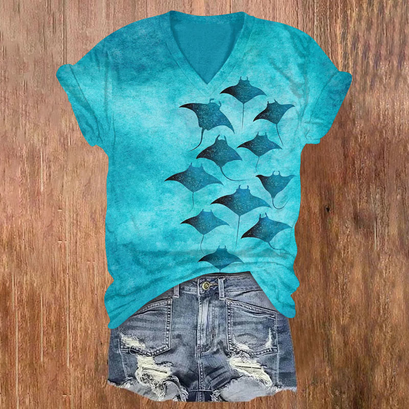 Vintage Manta Ray Art Print V-neck T-shirt - Blue - 5XL - image 1