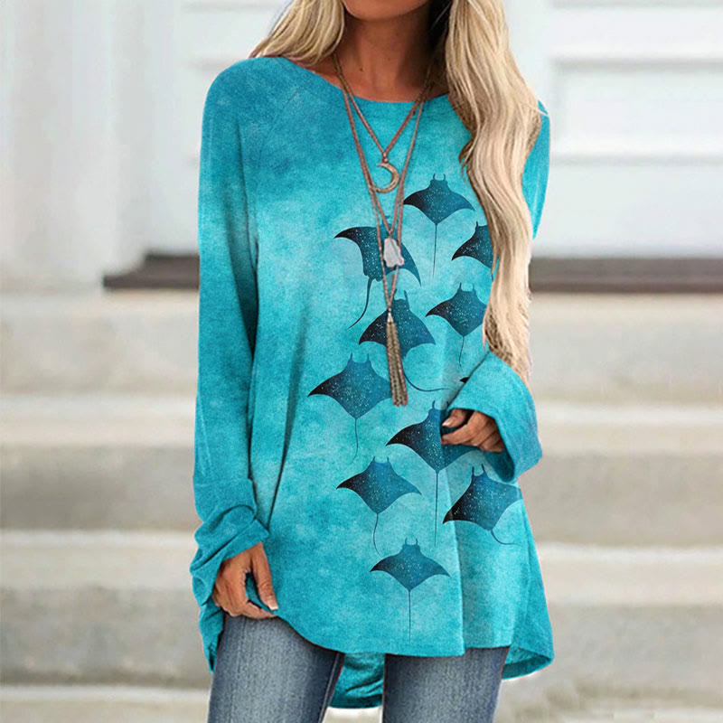 Vintage Manta Ray Art Print Casual Long Sleeve Tunic - Blue - 8XL - image 1