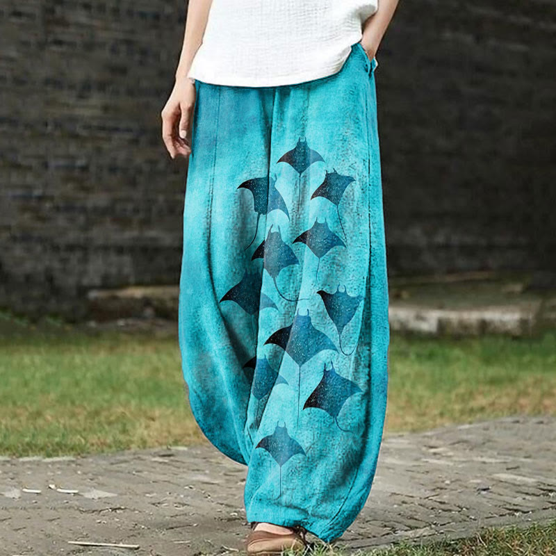 Vintage Manta Ray Art Print Casual Pants - Blue - 5XL - image 1