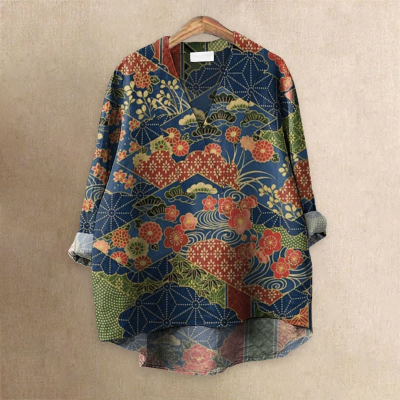 Retro Japanese Traditional Pattern Patchwork Art Printed Casual V-neck Blouse - Navy Blue - 6XL - image 1