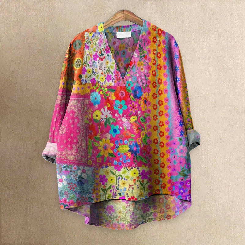 Bohemian Patchwork Cute Flower Printed Casual V-neck Blouse - Rose - 6XL - image 1