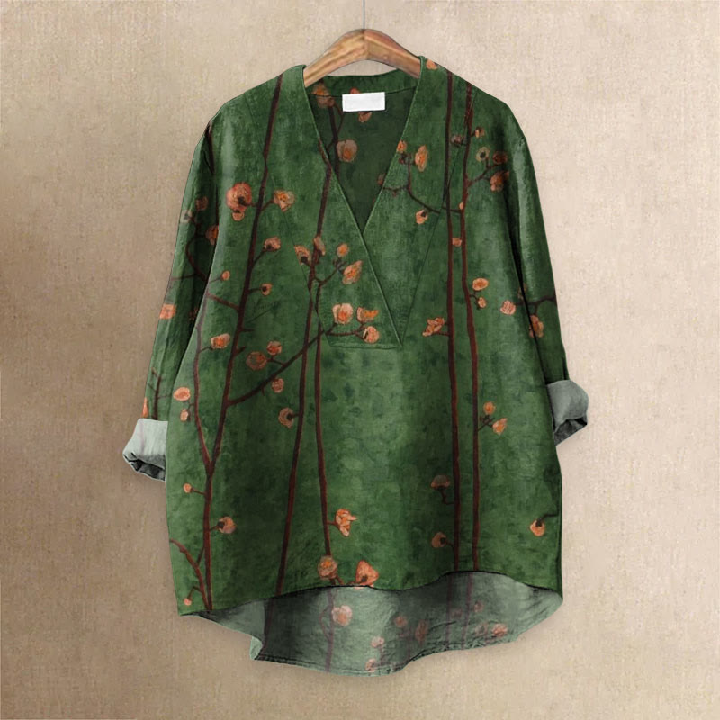 Women's Flower Vintage Printed Casual V-neck Blouse - Green - 6XL - image 1