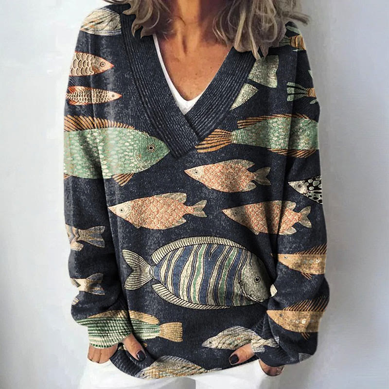 Lovely Fish Art Print Causal V-neck Pullover Sweater - Black - 4XL - image 1