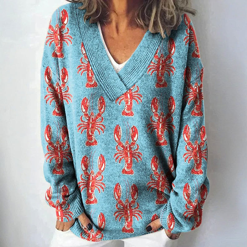 Lobster Repeat Pattern Print Causal V-neck Pullover Sweater - Blue - 4XL - image 1